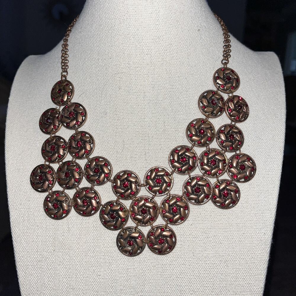 Vintage Gold Tone Multi Strand Circle of Flowers with Red Stones 20” + 2” (B2)